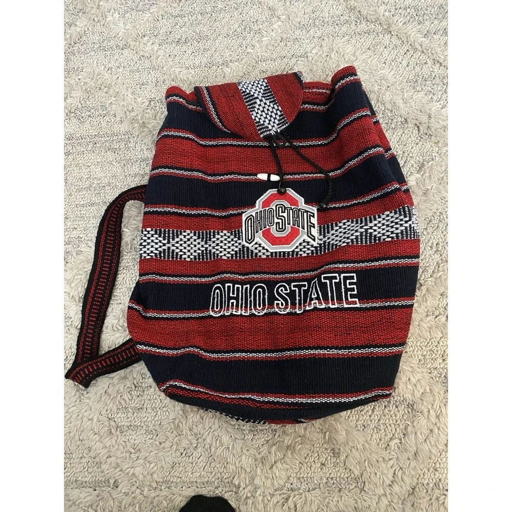 Ohio State University Knitted Backpack OSU Drawstring Red Black White Tote Bag